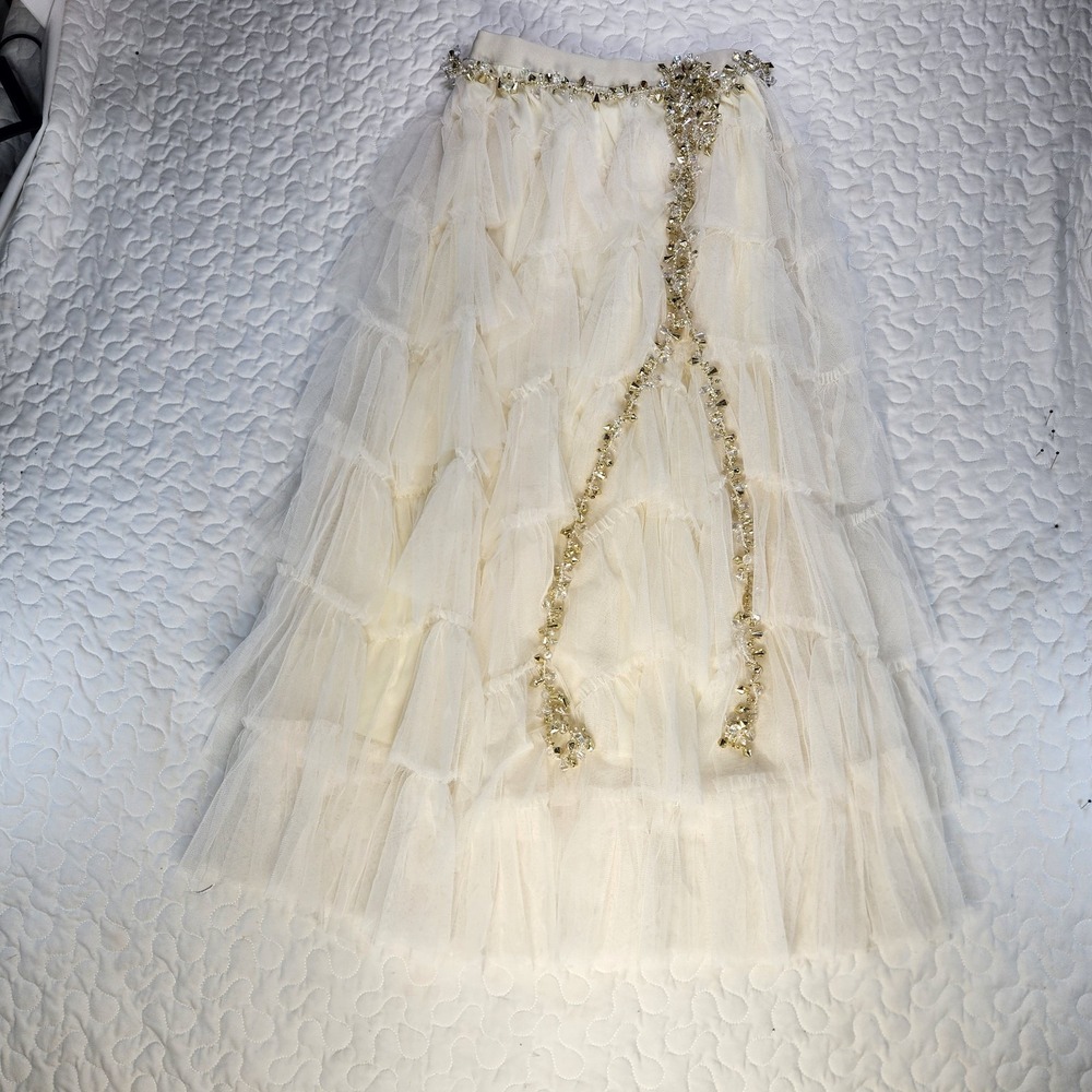 Cream Tulle Maxi Skirt Small waist 22-26" Faux -Crystal Belt Lined Coquette NEW